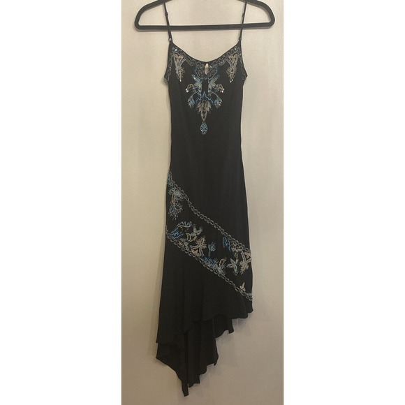 Vintage Cache‎ 100% Silk Black Beaded Gown Sz 2 Whimsigoth Fairy Grunge